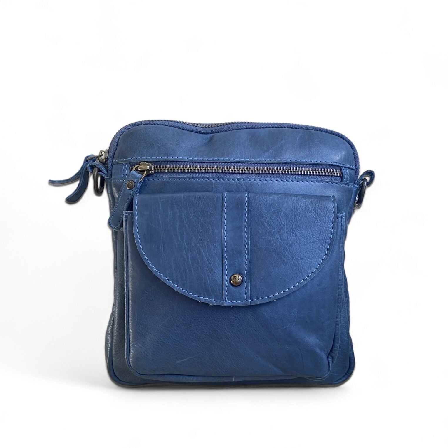 Blue leather crossbody bag on a white background