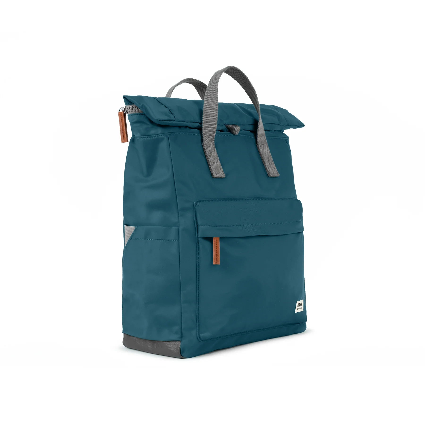 Teal backpack with gray straps on a white background