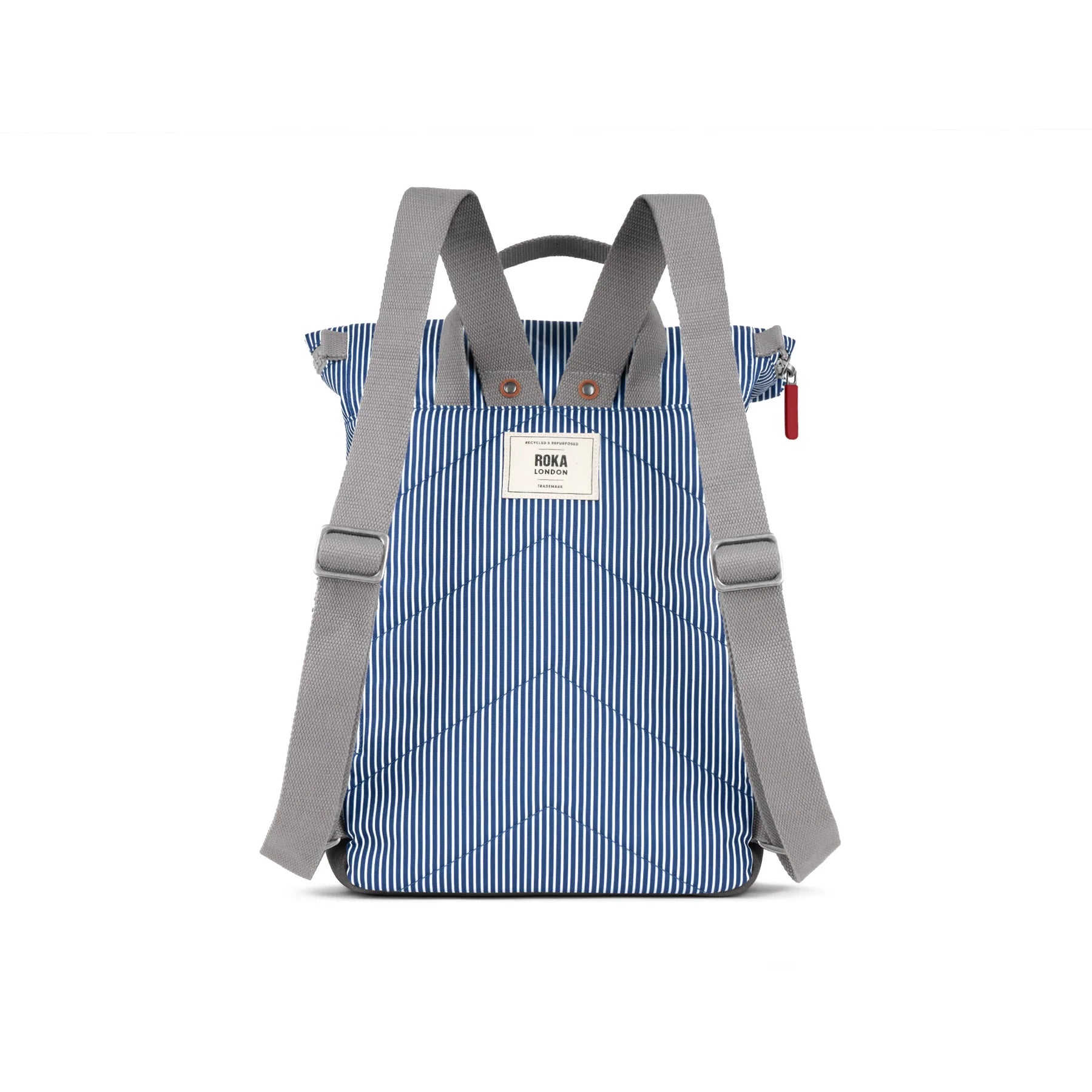 Blue and white striped backpack with gray straps on a white background