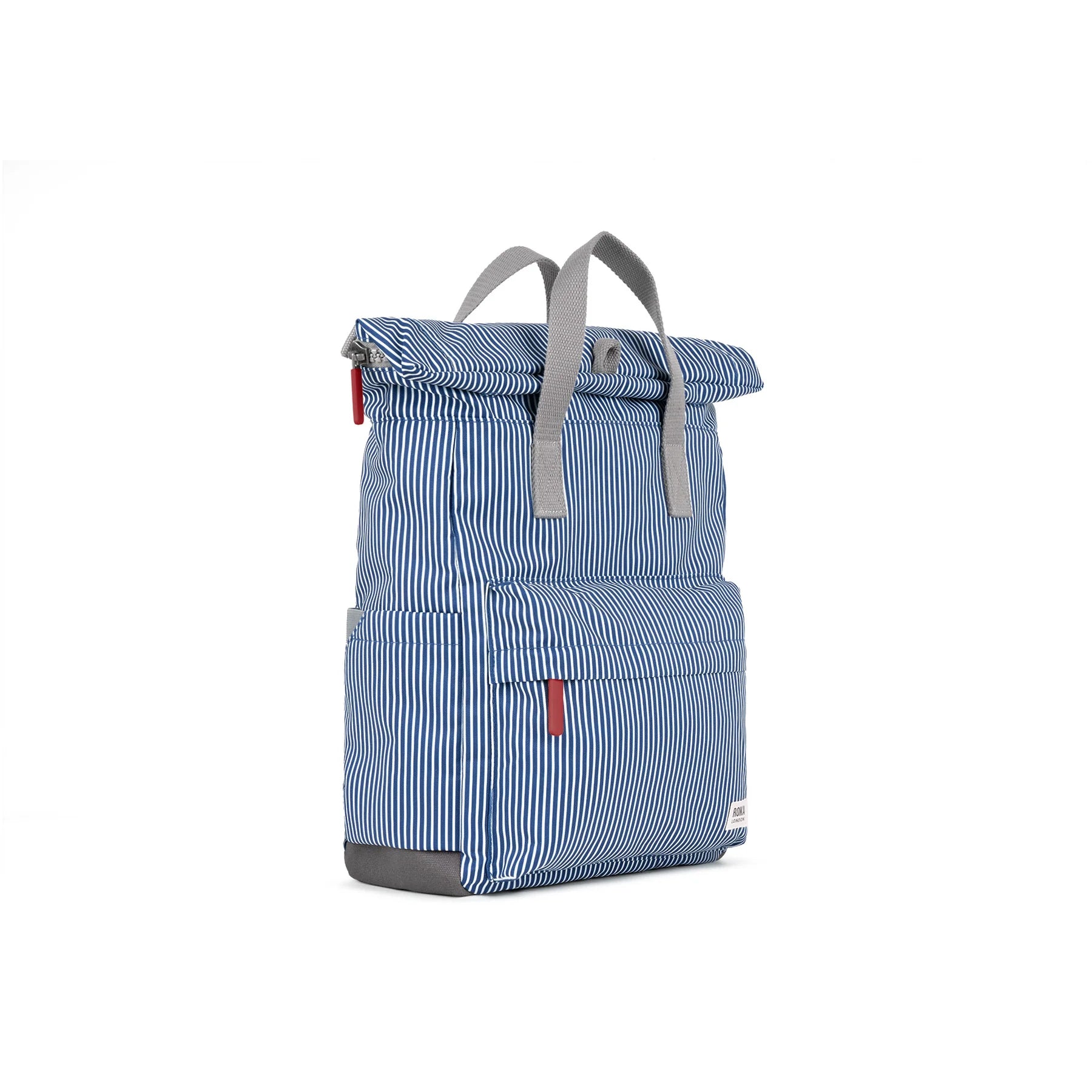 Blue striped backpack with gray straps on a white background