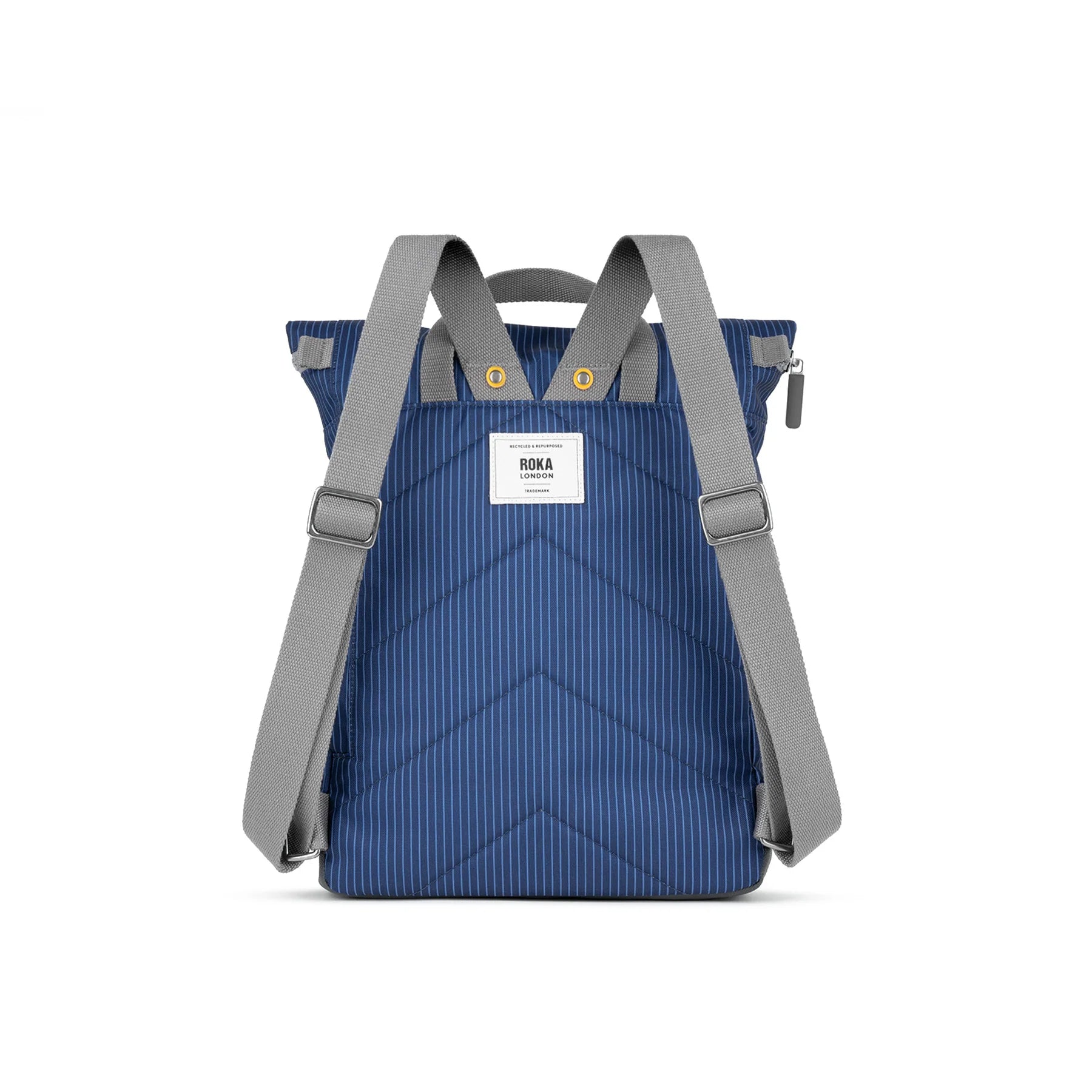 Blue backpack with gray straps on a white background