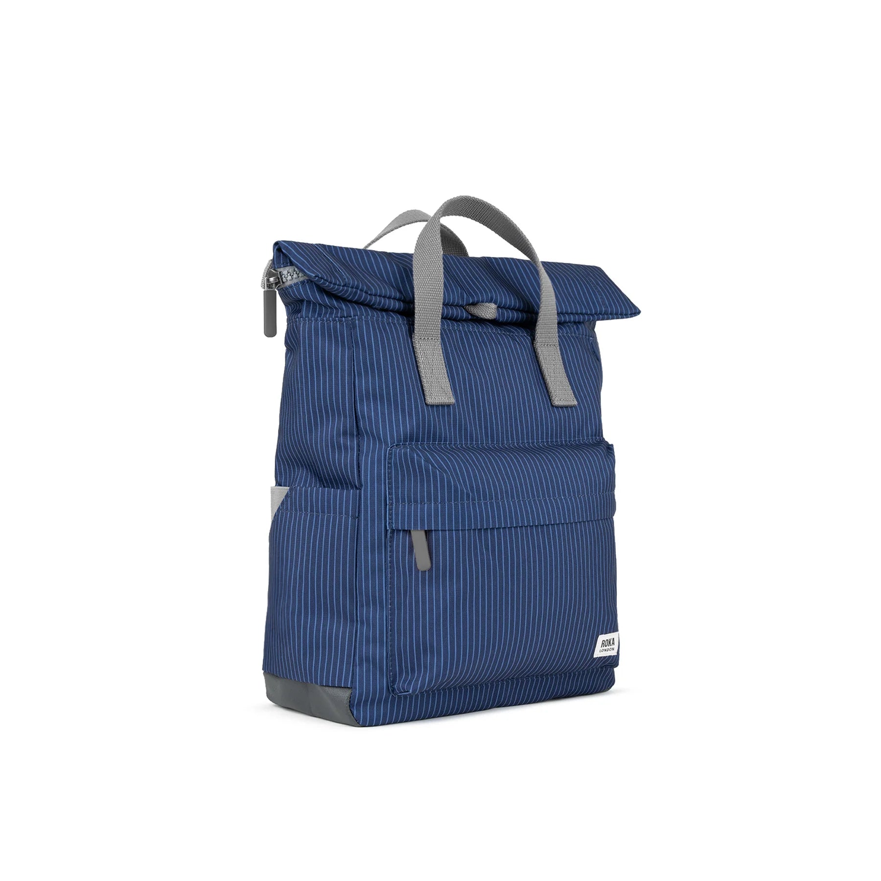 Blue backpack with gray straps on a white background