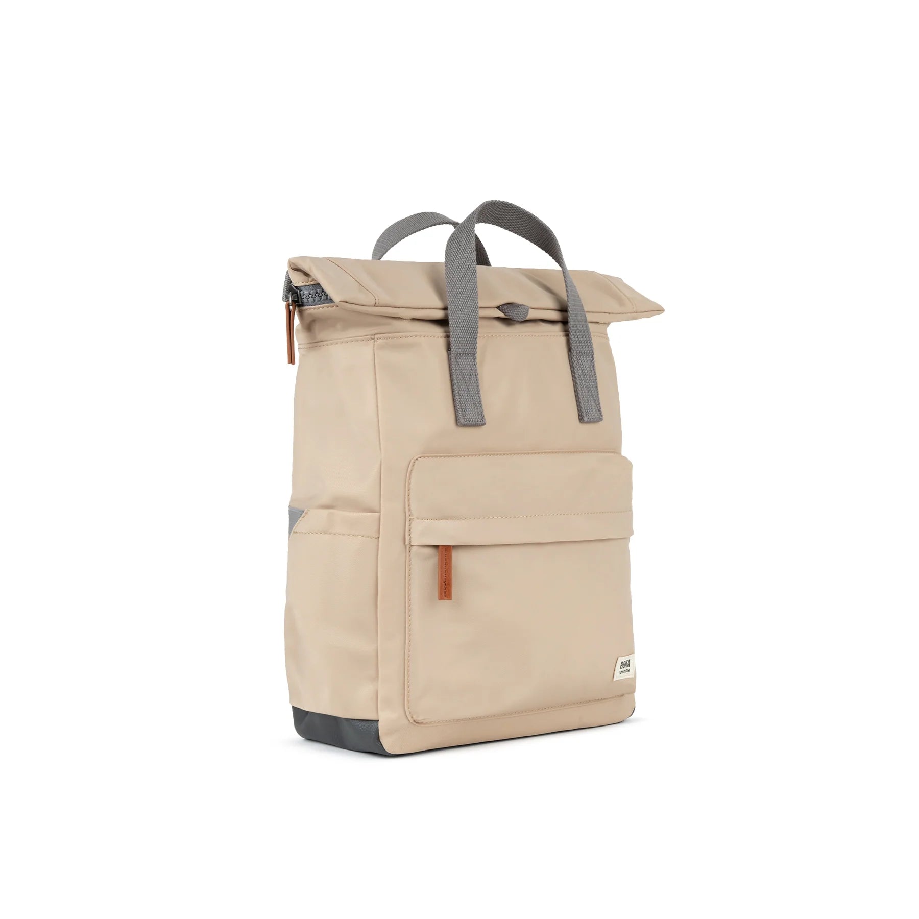 Beige backpack with gray straps on a white background