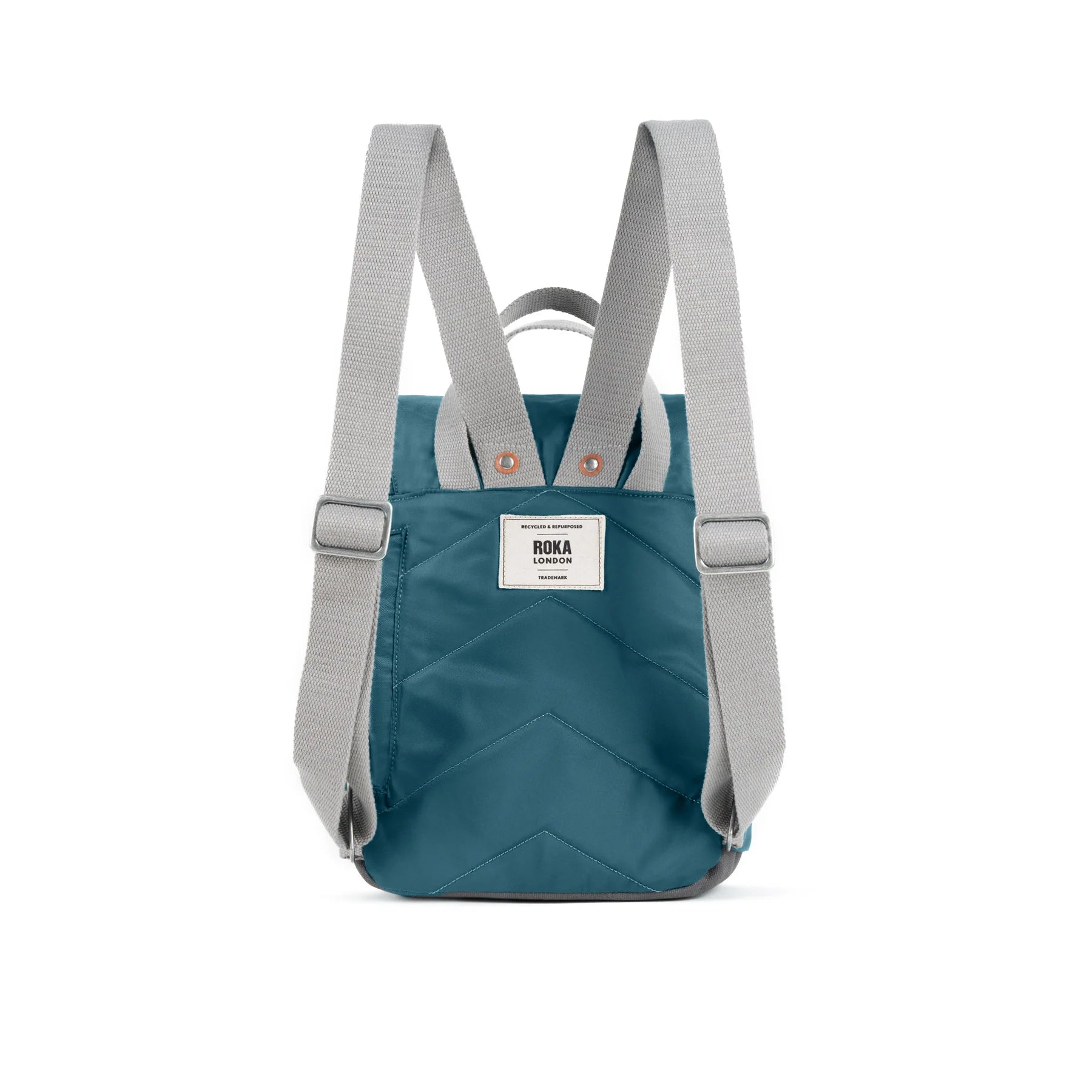 Teal backpack with gray straps on a white background