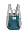Teal backpack with gray straps on a white background