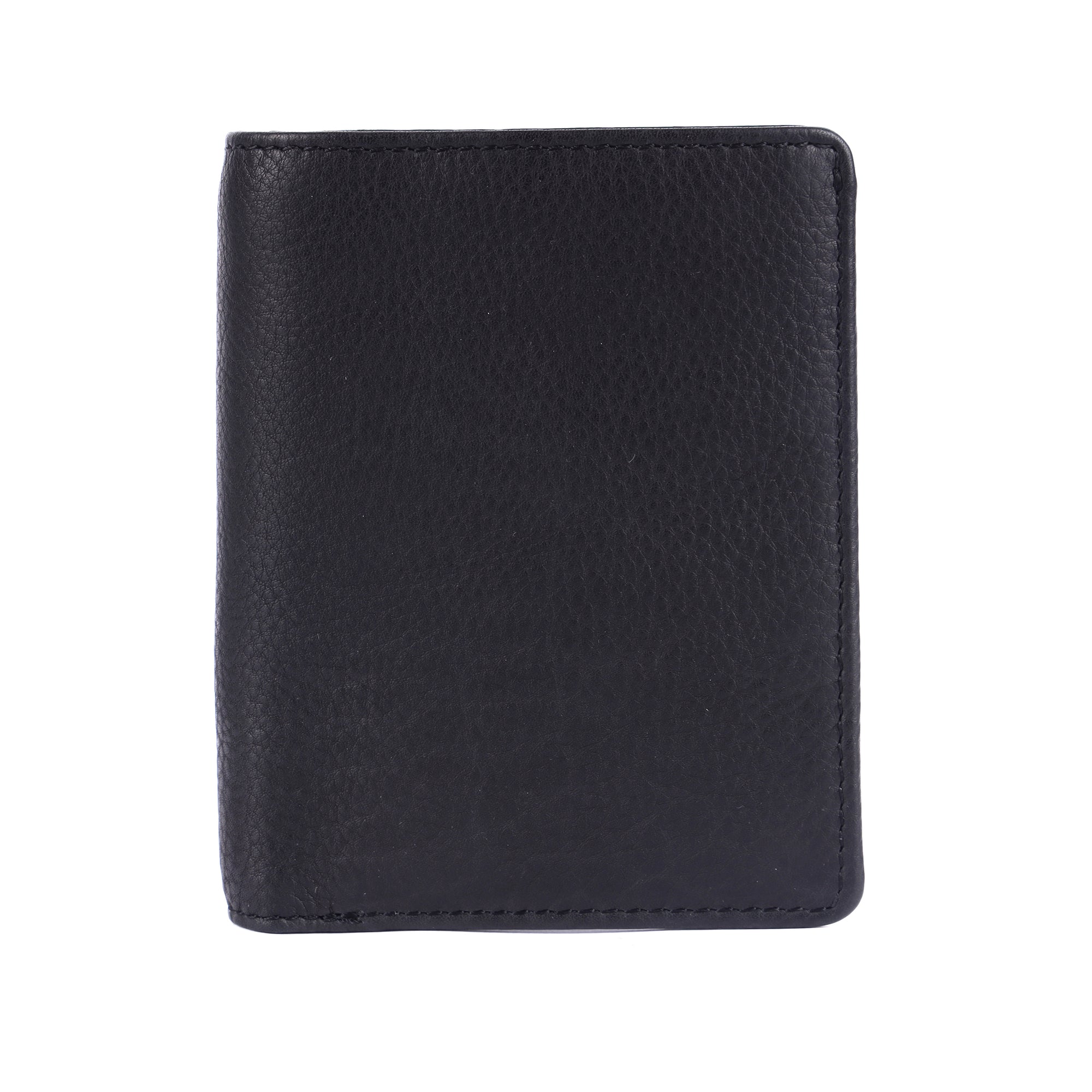 A black pebbled leather bifold wallet shown closed against a plain white background.