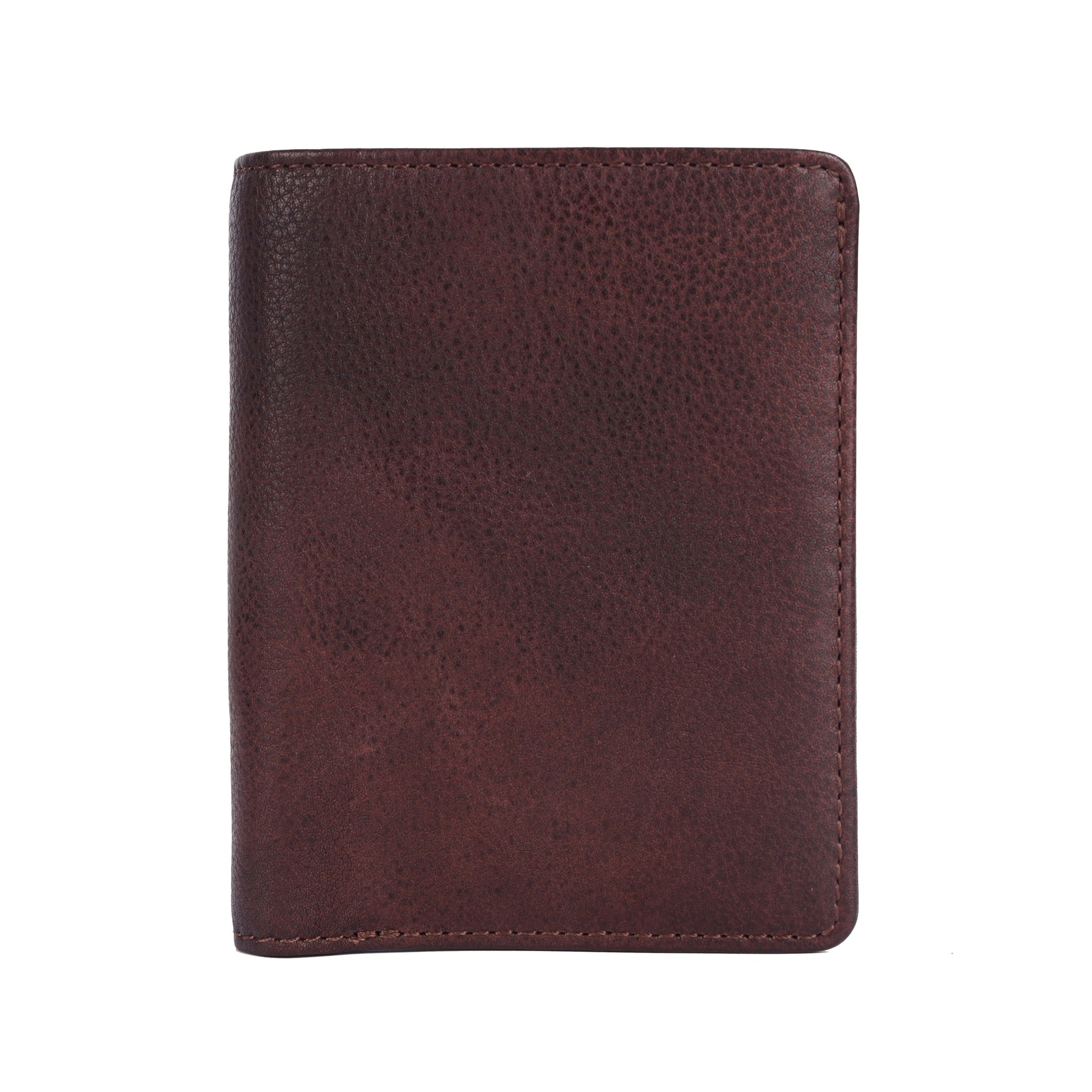 A dark brown pebbled leather bifold wallet shown closed against a plain white background.