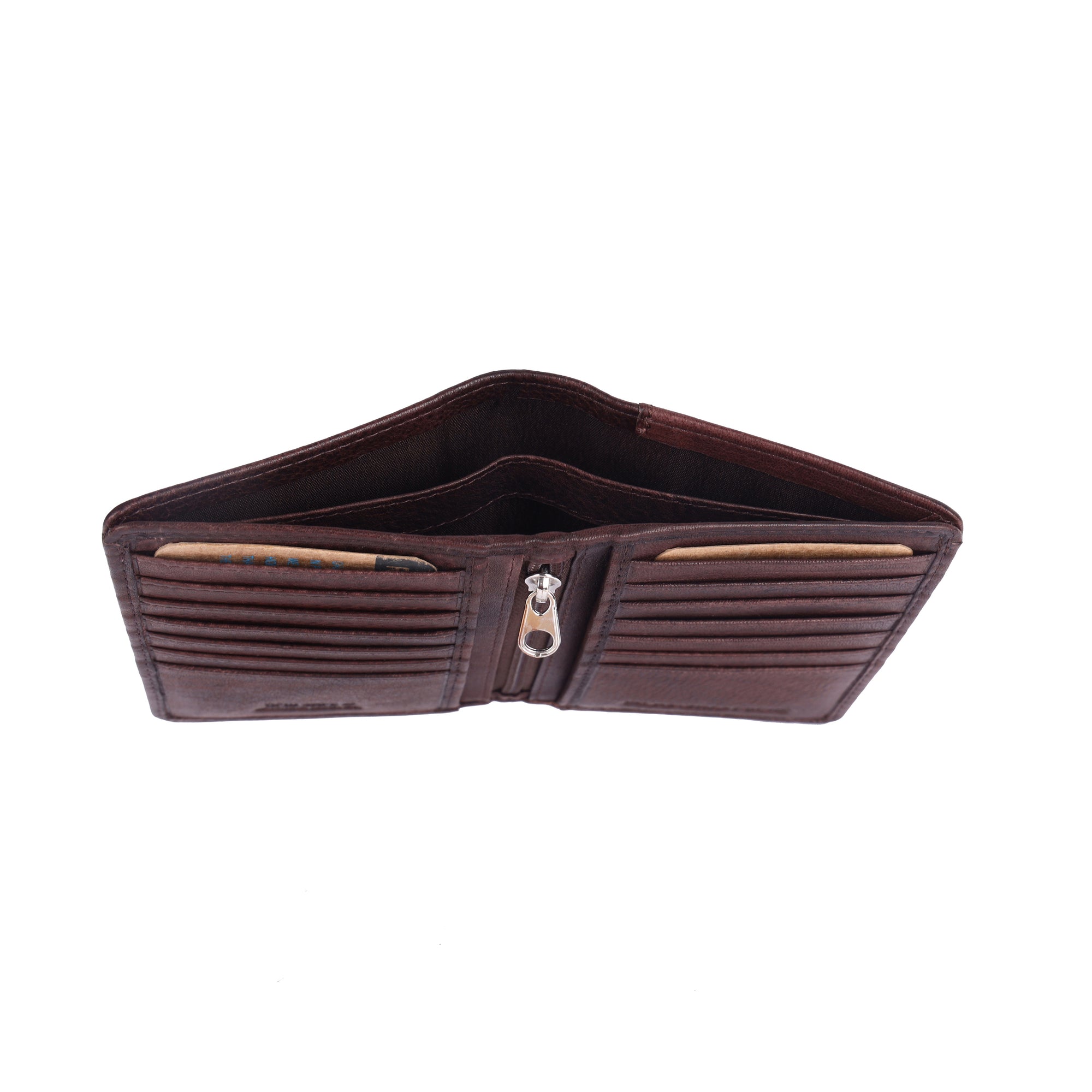 A dark brown leather bi-fold wallet shown open, displaying its interior card slots, a zippered main compartment, and a pen slot with a pen inserted, set against a plain white background.