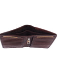 A dark brown leather bi-fold wallet shown open, displaying its interior card slots, a zippered main compartment, and a pen slot with a pen inserted, set against a plain white background.