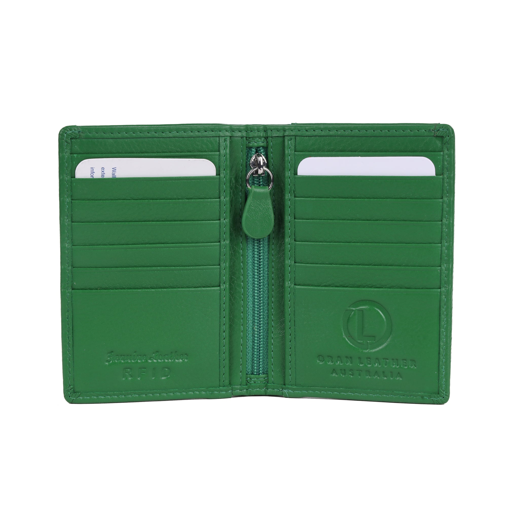 A green leather bi-fold wallet shown open, featuring multiple card slots, a central zipper with a green pull tab, and an embossed logo on the right side.
