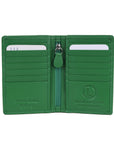 A green leather bi-fold wallet shown open, featuring multiple card slots, a central zipper with a green pull tab, and an embossed logo on the right side.