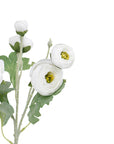 Artificial flower arrangement with white flowers and green leaves on a white background