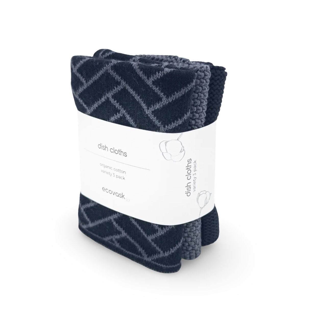 A pack of three Ecovack dish cloths folded and wrapped in a white paper band, featuring a navy blue and gray chevron pattern.