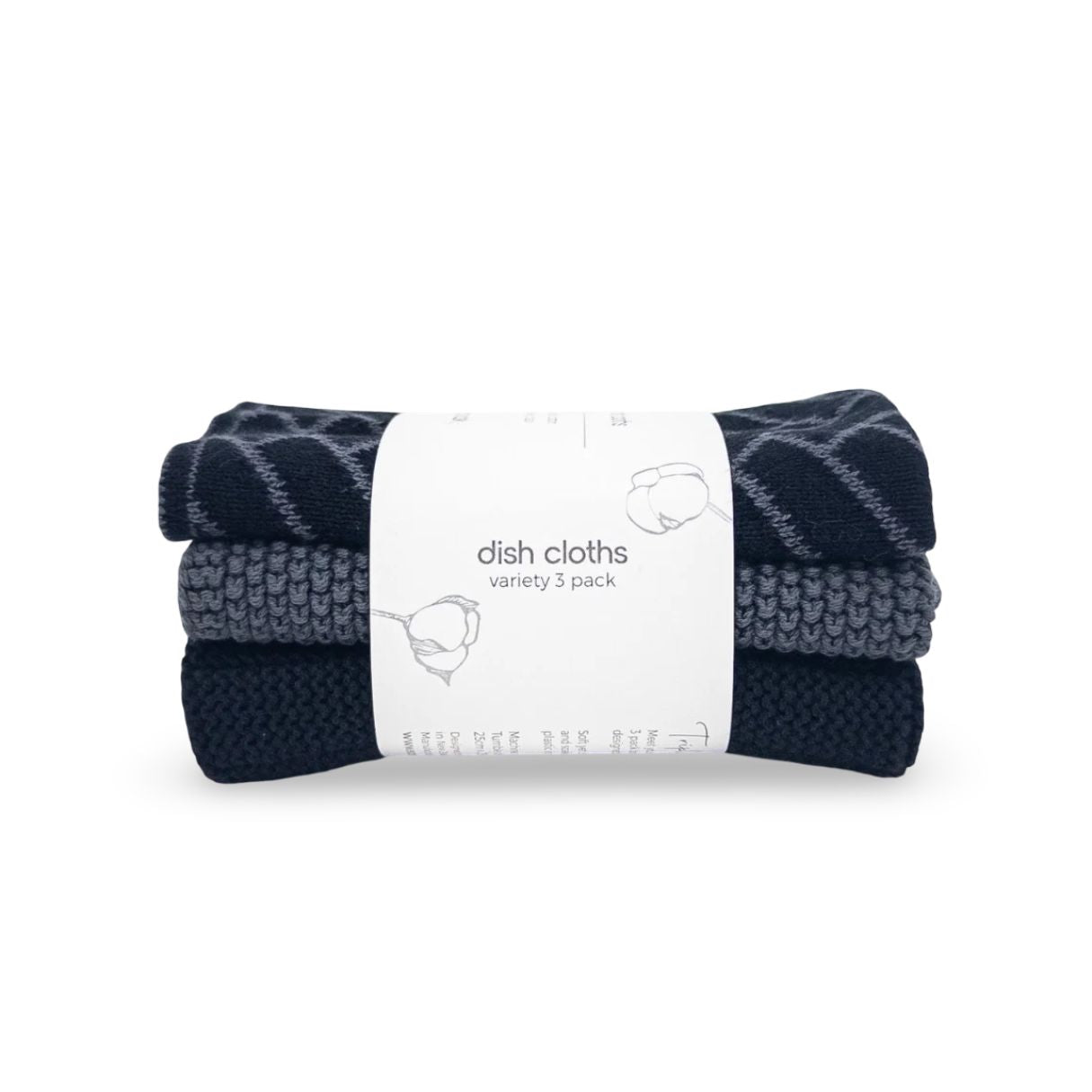 A three-pack of folded knit dish cloths in navy, charcoal gray, and black, wrapped in a white paper band labeled 'dish cloths variety 3 pack'.