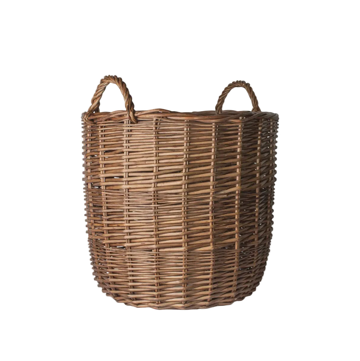 Wicker laundry basket with handles on a light gray background