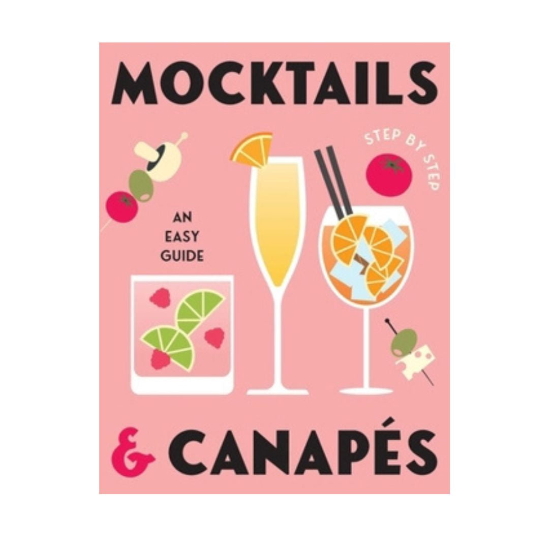 Book cover of 'Mocktails & Canapés' with illustrations of cocktails on a pink background