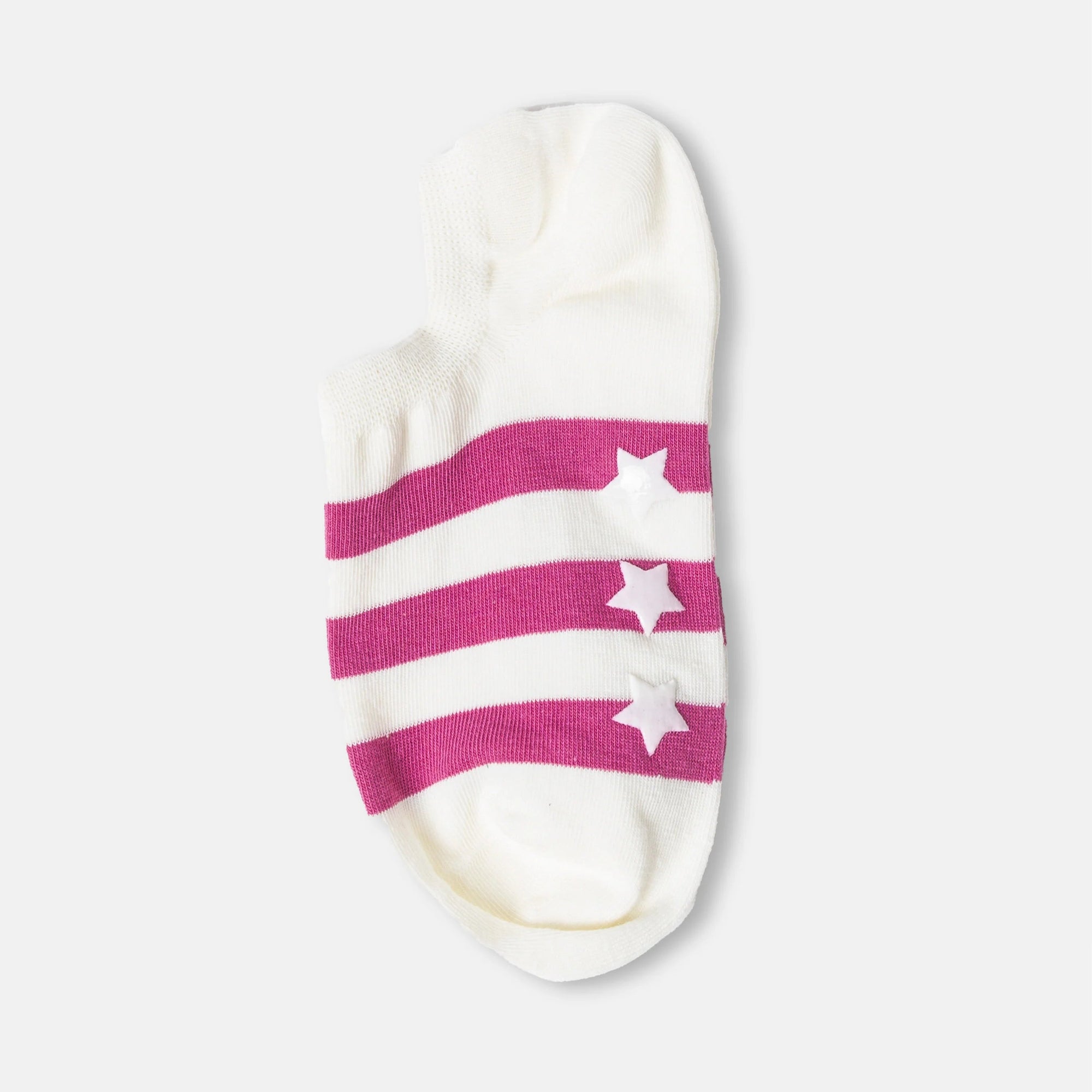 White ankle sock with pink stripes and white stars on a white background