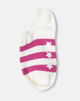 White ankle sock with pink stripes and white stars on a white background