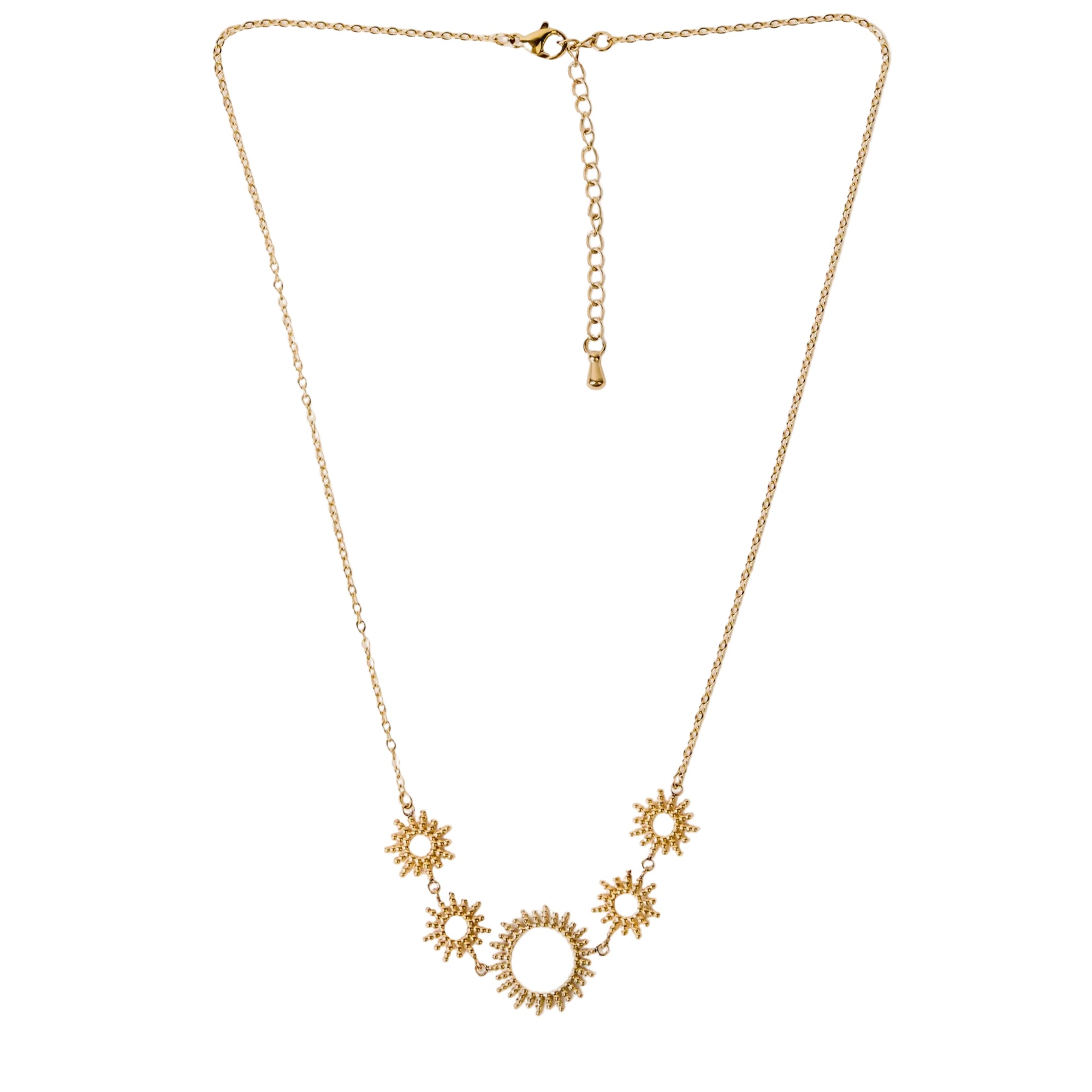 Gold necklace with floral designs on a light gray background