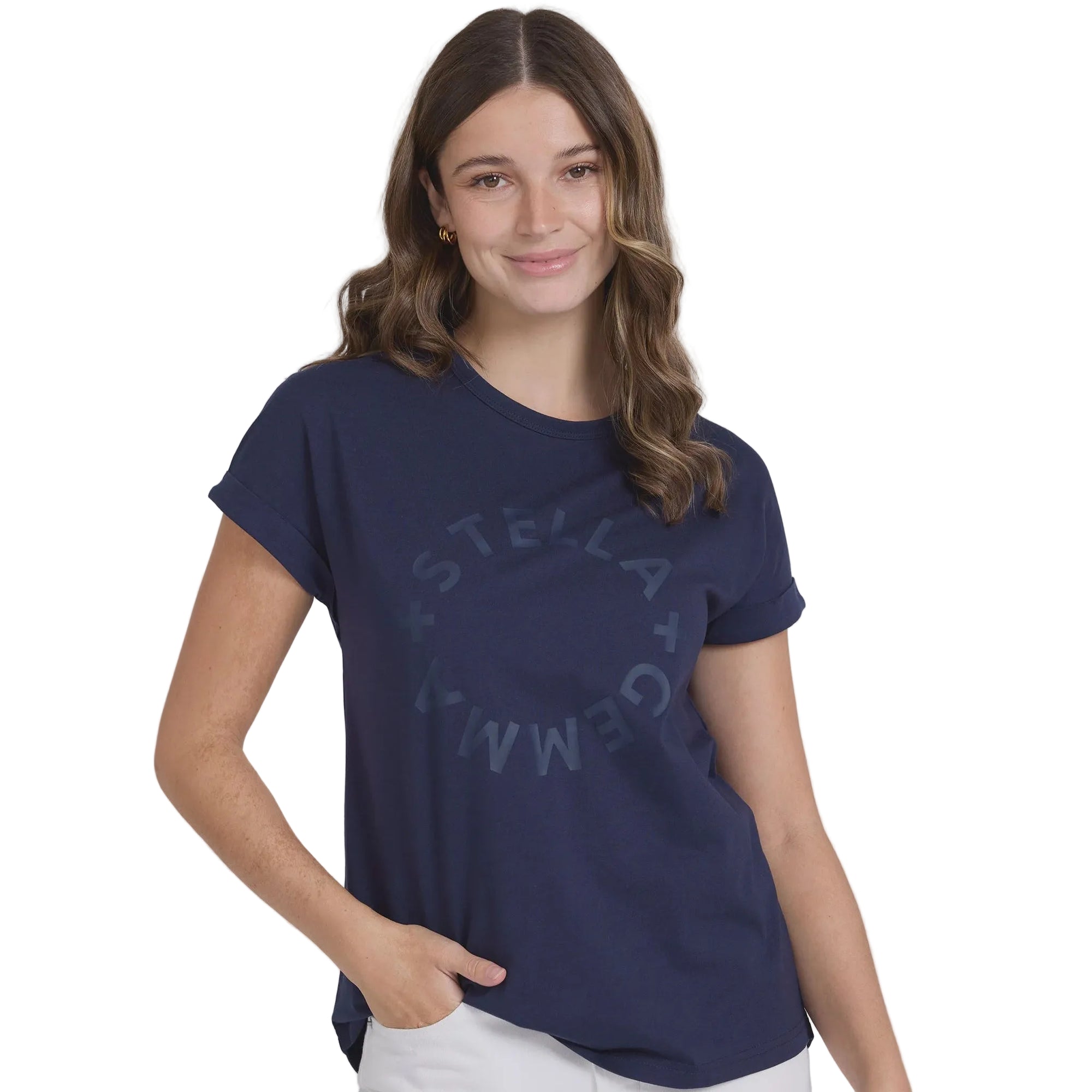 Woman wearing a navy blue t-shirt with text on a plain background