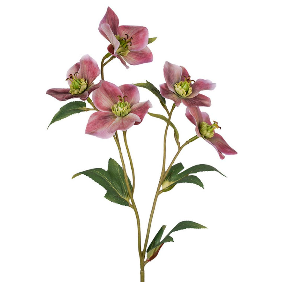 Artificial pink flowers with green stems and leaves on a white background
