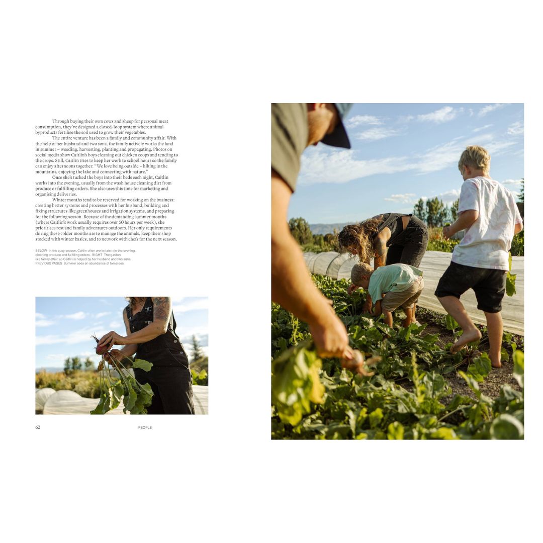 People working in a field with text on the left side