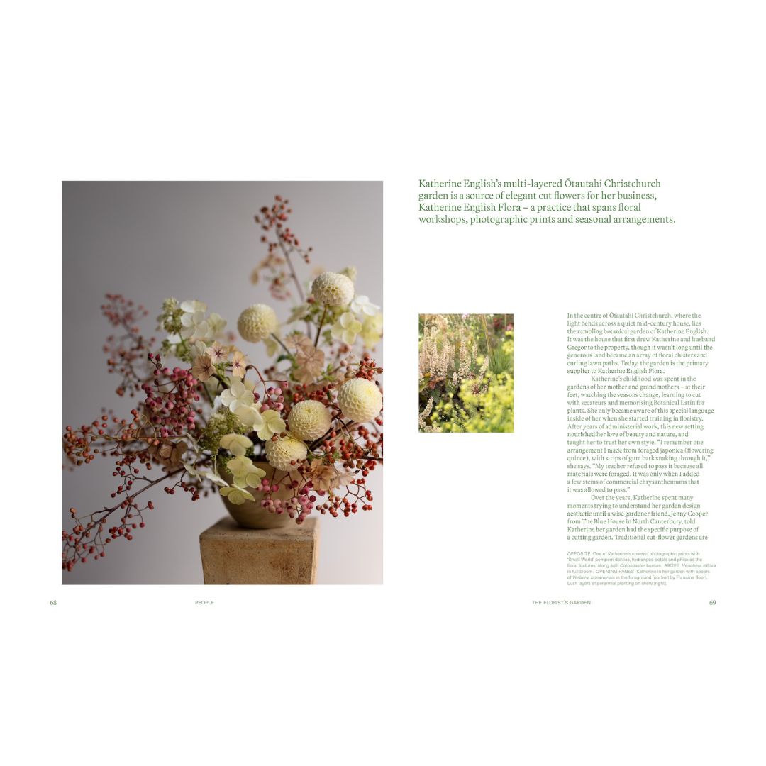 Floral arrangement in a vase on a white background with text on the right side.