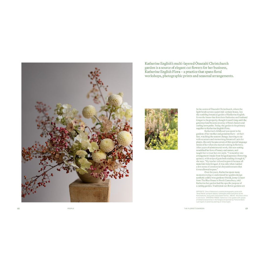 Floral arrangement in a vase on a white background with text on the right side.