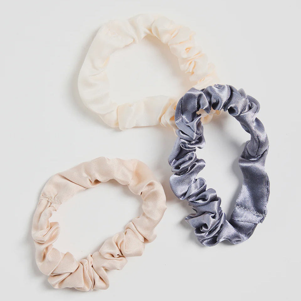 Trio of scrunchies blue white beige