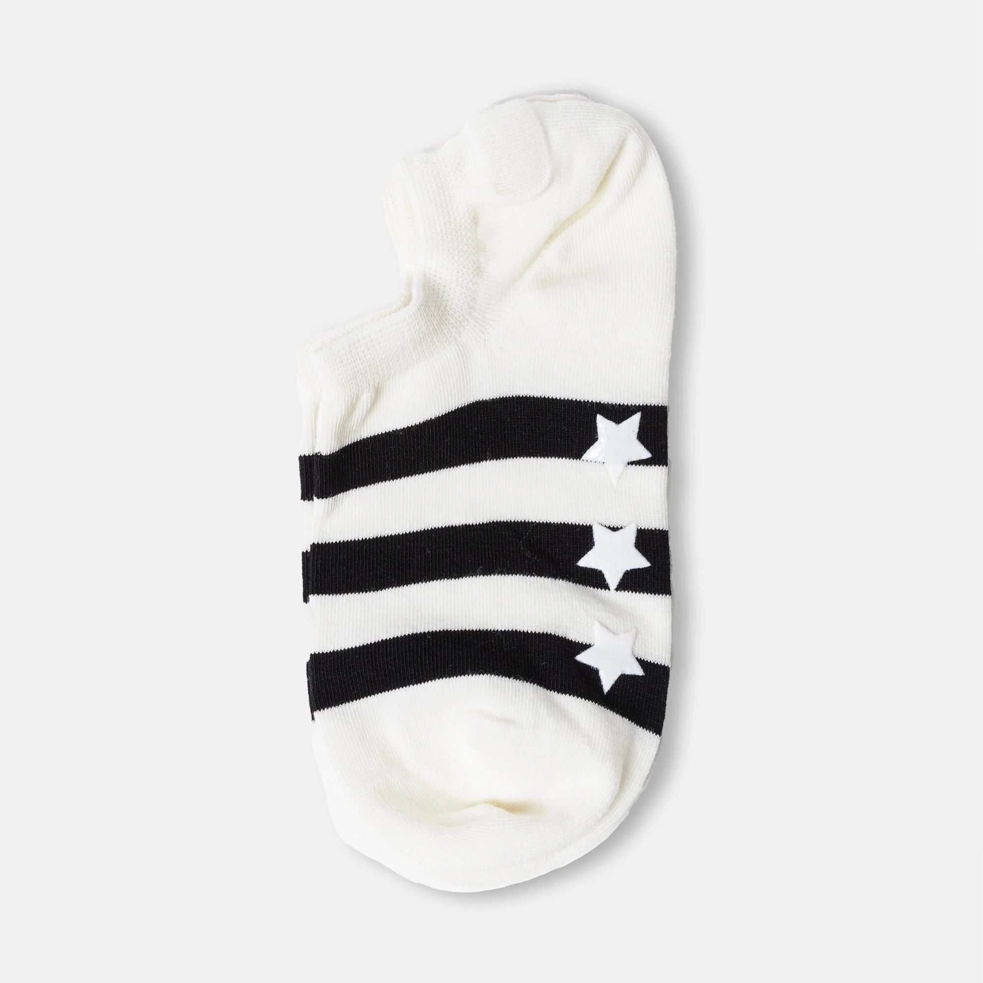 White ankle sock with black star and stripe pattern on a white background