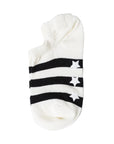White ankle sock with black star and stripe pattern on a white background