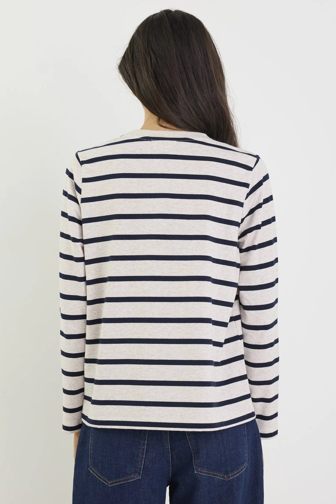 TETHER STRIPE LONG SLEEVE BOXY TEE - ECRU NAVY