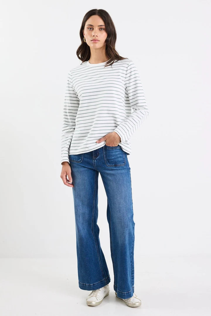 Tether Stripe Long Sleeve Boxy Tee - Khaki White