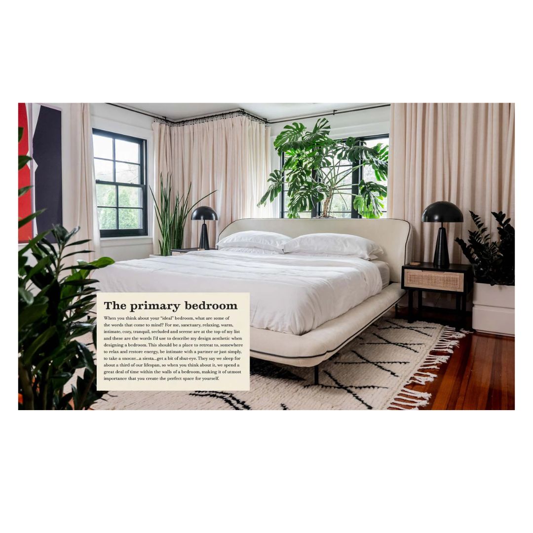 Modern bedroom with a bed, nightstands, and decorative elements.