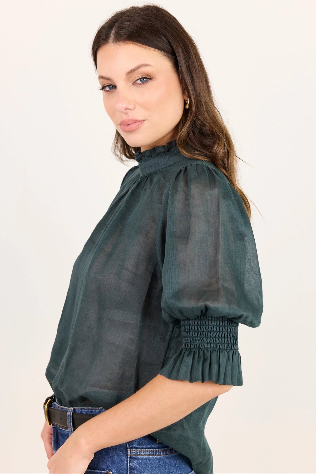 Verse Petrol Sheer High Neck Short Sleeve Top