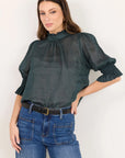 Verse Petrol Sheer High Neck Short Sleeve Top
