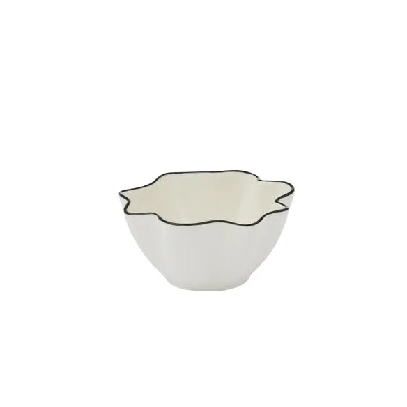A white ceramic bowl with a scalloped rim outlined in black, shown against a plain white background.