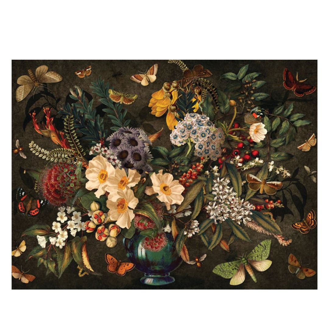 Floral still life painting with a vase of flowers and insects on a dark background