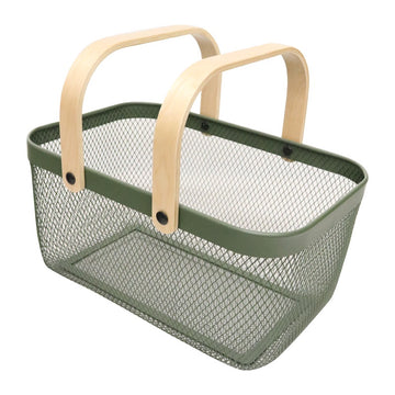 Mesh Basket Bamboo Handles Green