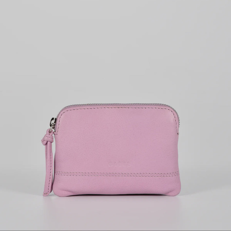 Pink wallet with a strap on a light gray background