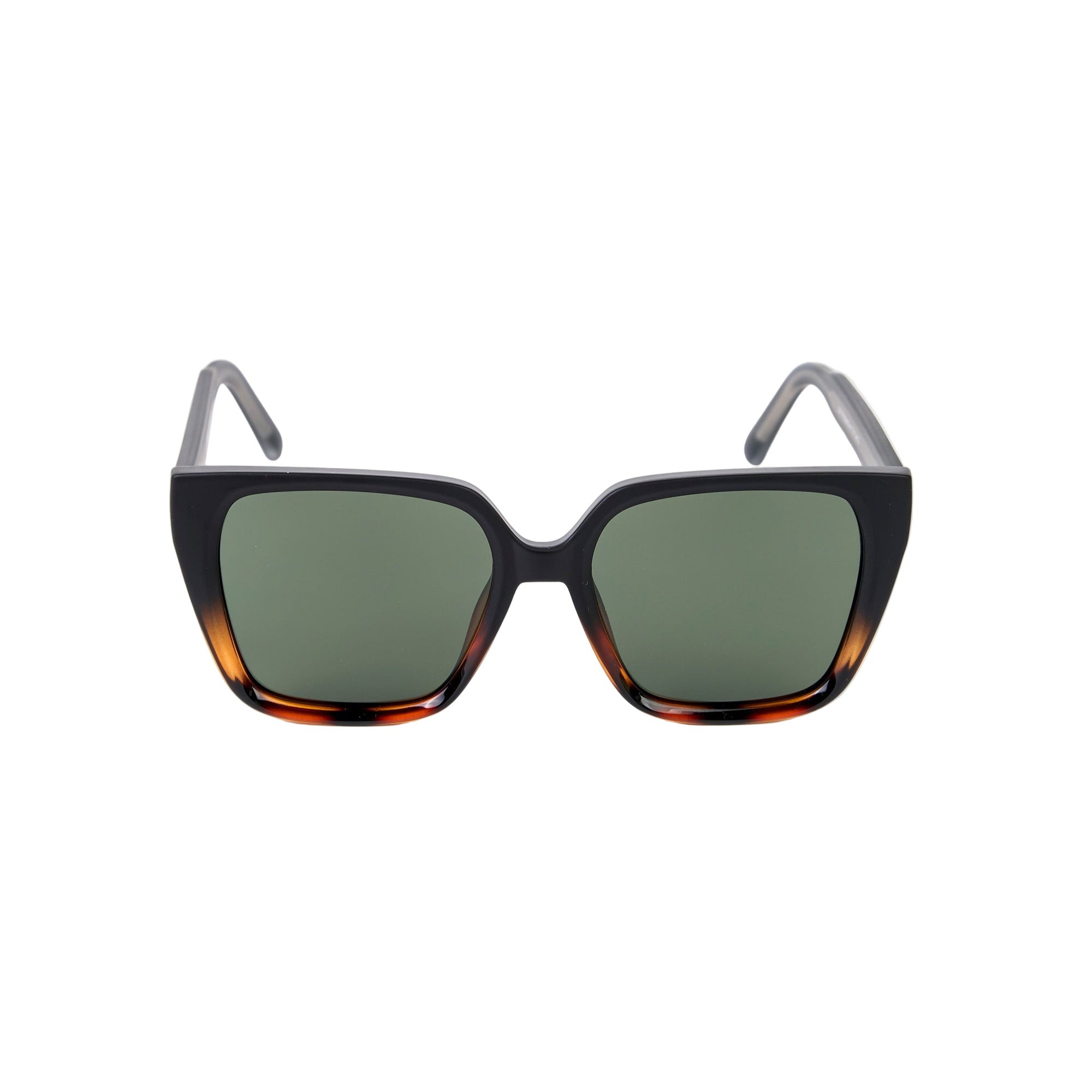 Sunglasses with tortoiseshell frame and dark lenses on a white background