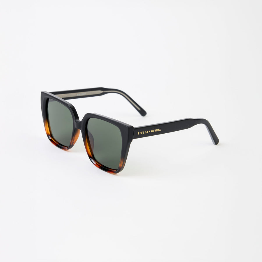 Sunglasses with tortoiseshell frame and dark lenses on a white background