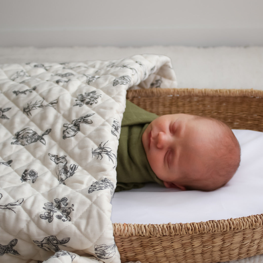 Newborn baby in a wicker crib with a white quilted blanket