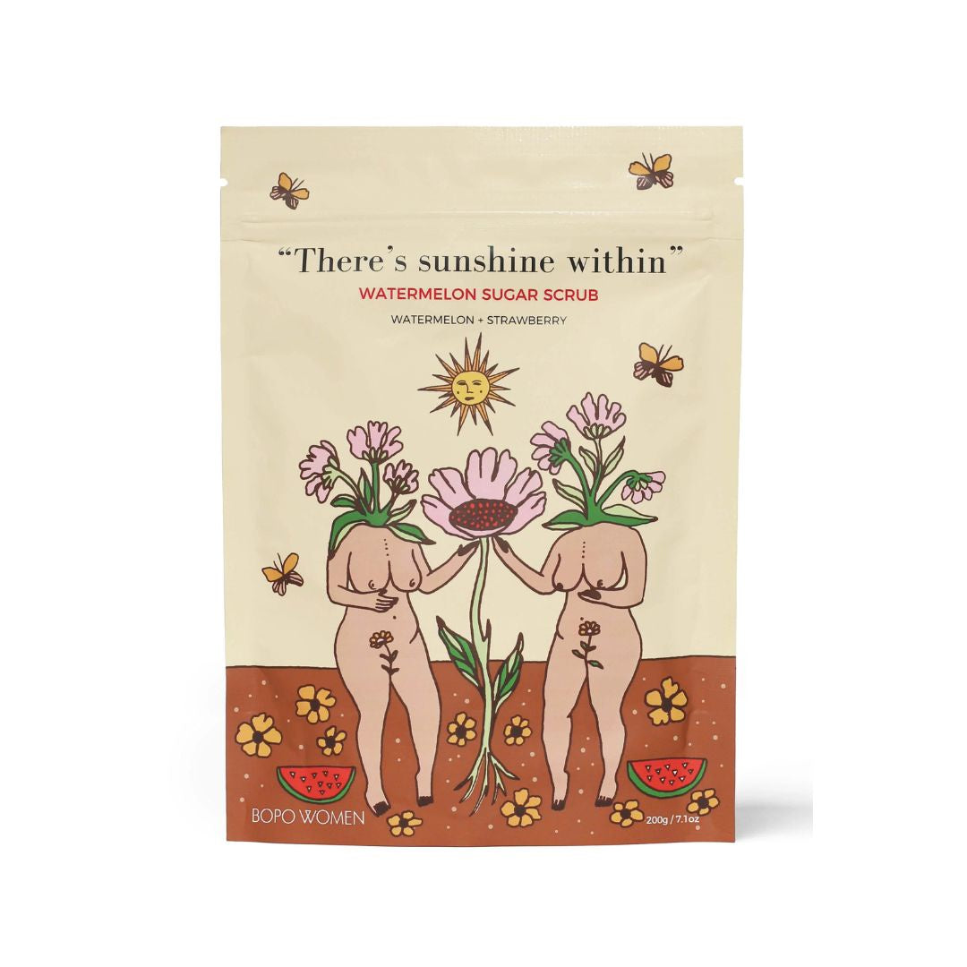 Watermelon sugar scrub packaging with illustrations of women and flowers on a beige background