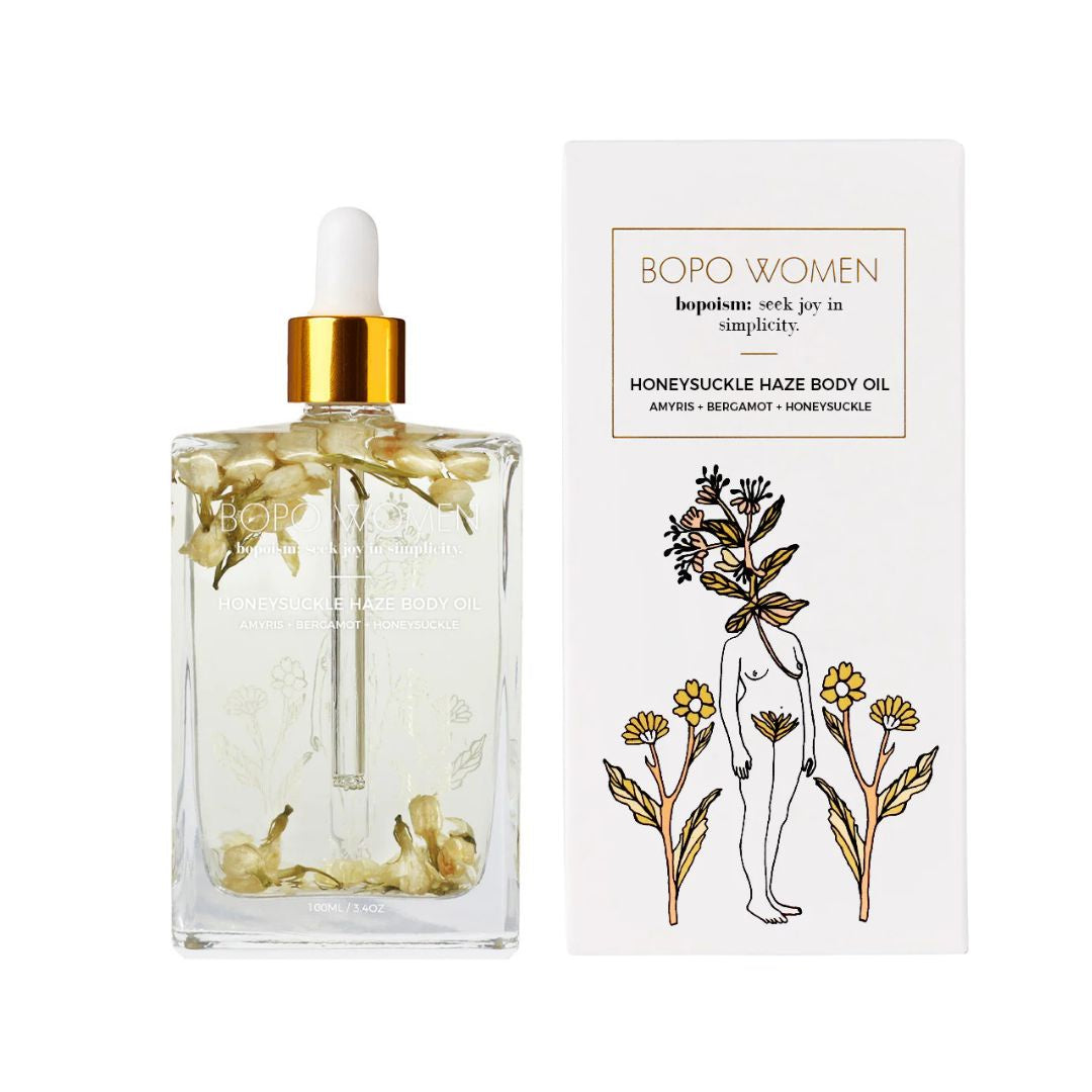 Bopo Women Honeysuckle Haze body oil with packaging on a white background