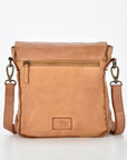 Brown leather crossbody bag on a white background