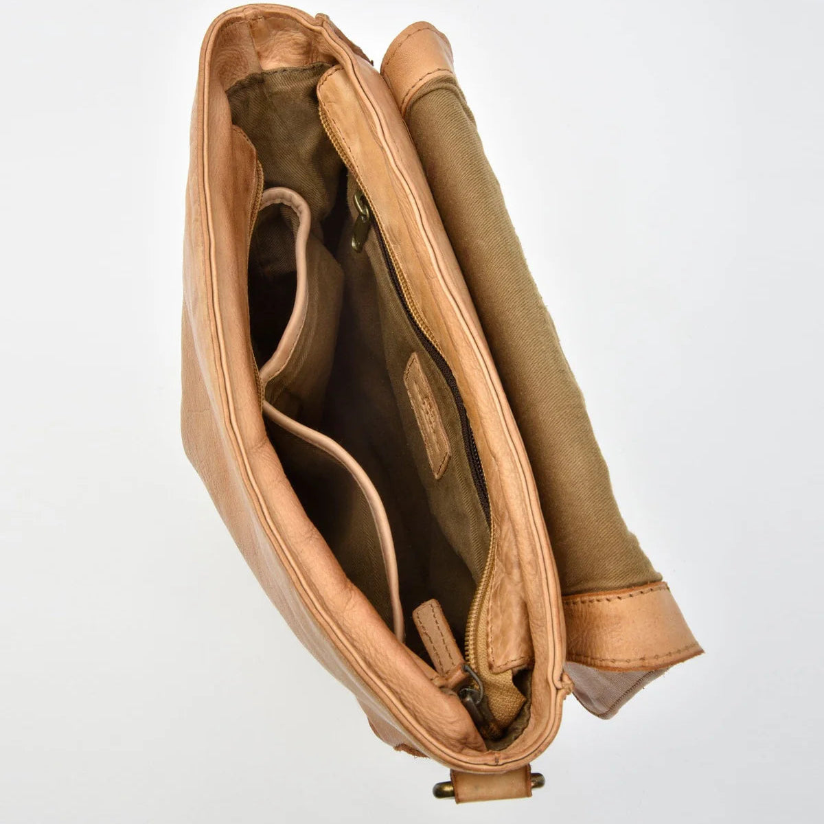 Brown leather bag with a strap on a white background