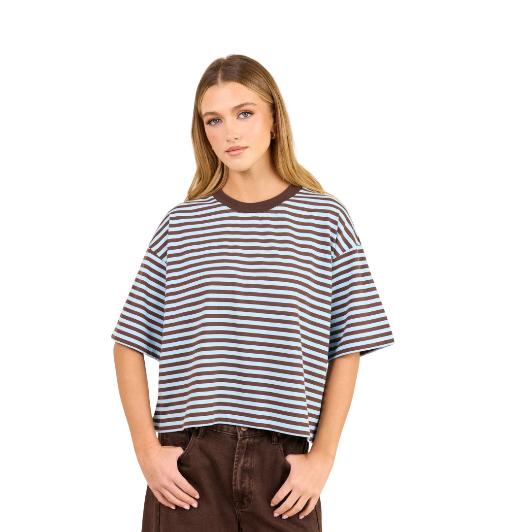 Cohesion Stripe Oversized Boxy Tee - Ice Blue/Chocolate