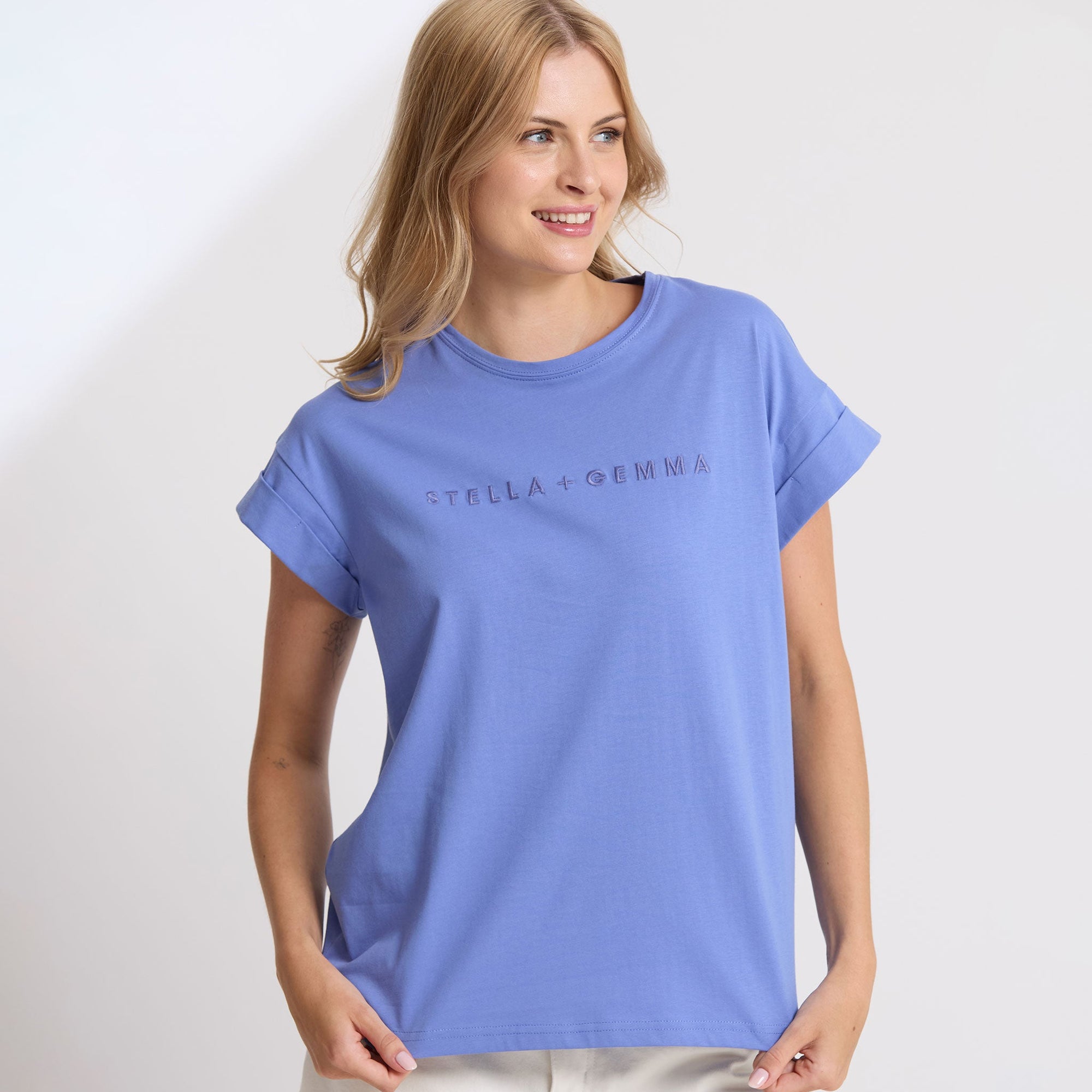 Stella + Gemma Cuff Tee - Embroidered Logo | Cornflower
