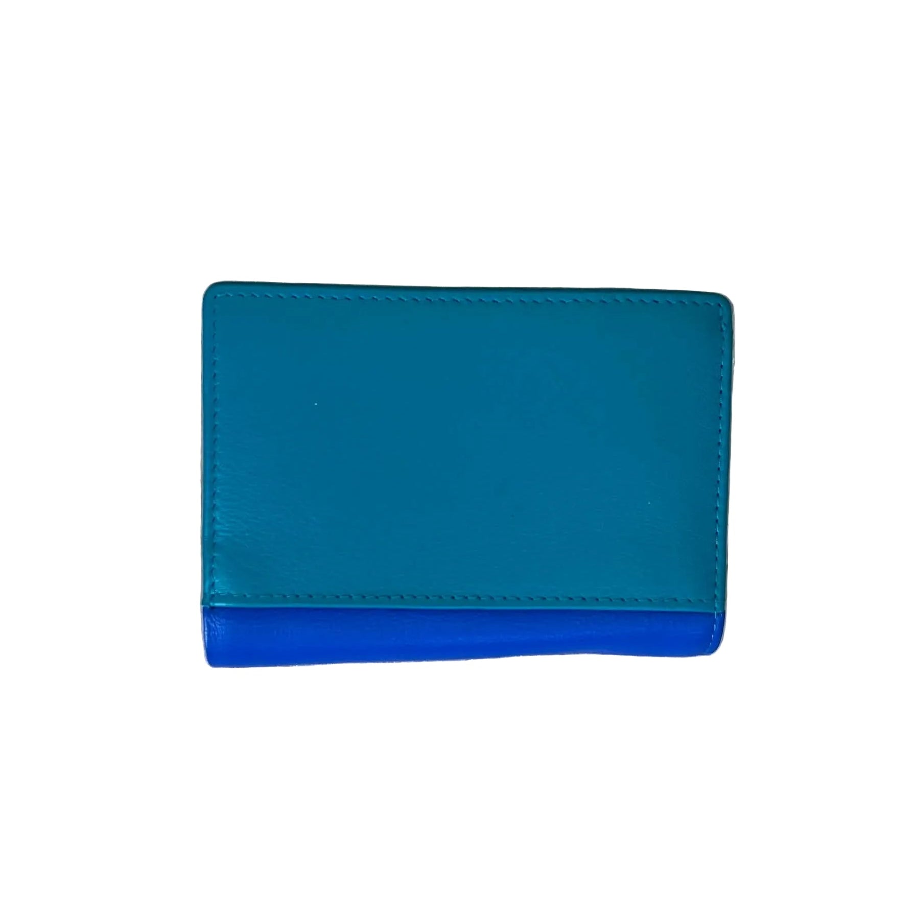 A two-tone leather wallet with a teal blue top flap and a vibrant royal blue bottom section, placed flat on a light brown wood grain surface.
